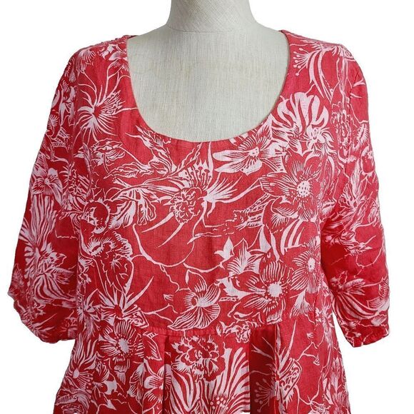 Woolovers Linen‎ Pocket Tunic Dress 6 Coral Pink 100% Linen Floral Hawaiian - Picture 2 of 10